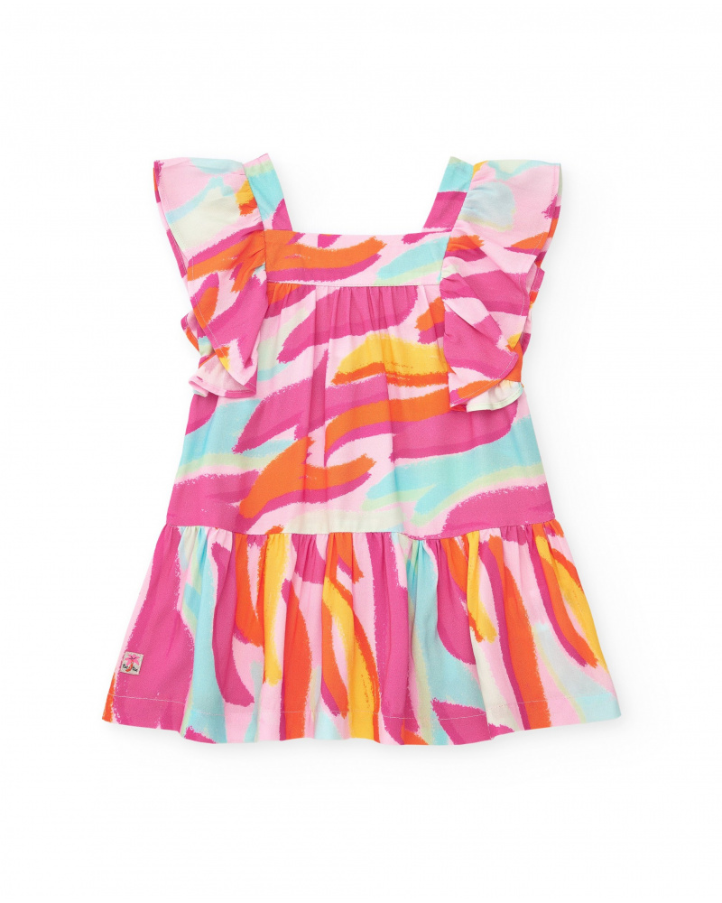 Robe en popeline rose pour fille avec imprimé multicolore et volants