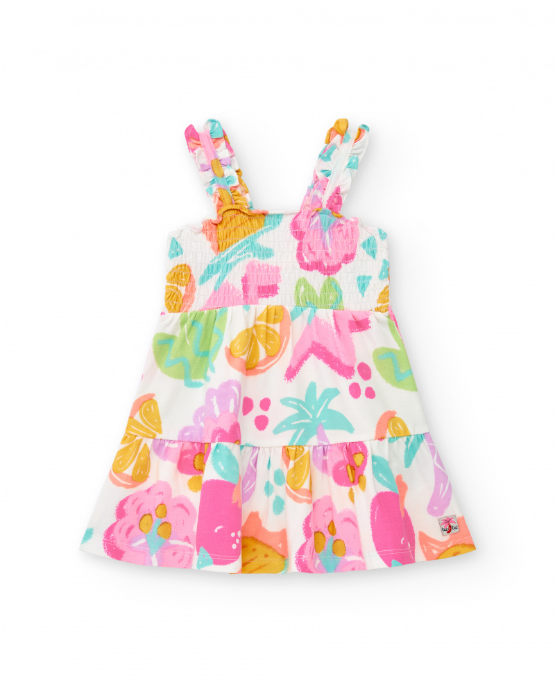 Robe blanche pour fille avec imprimé floral et bretelles froncées