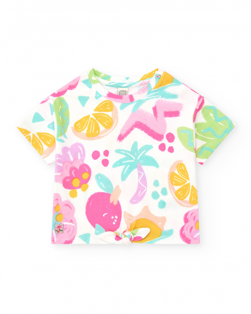 T-shirt pour fille avec fruits tropicaux et nœud décoratif