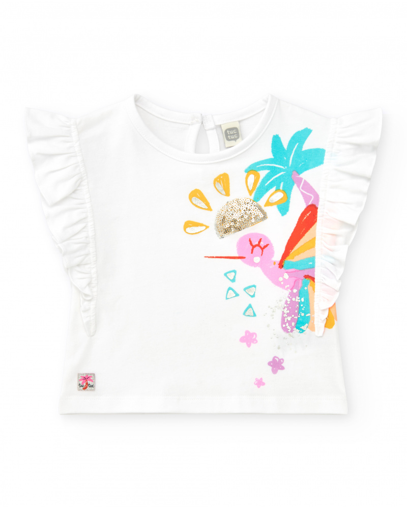 T-shirt blanc pour fille avec colibri tropical et paillettes