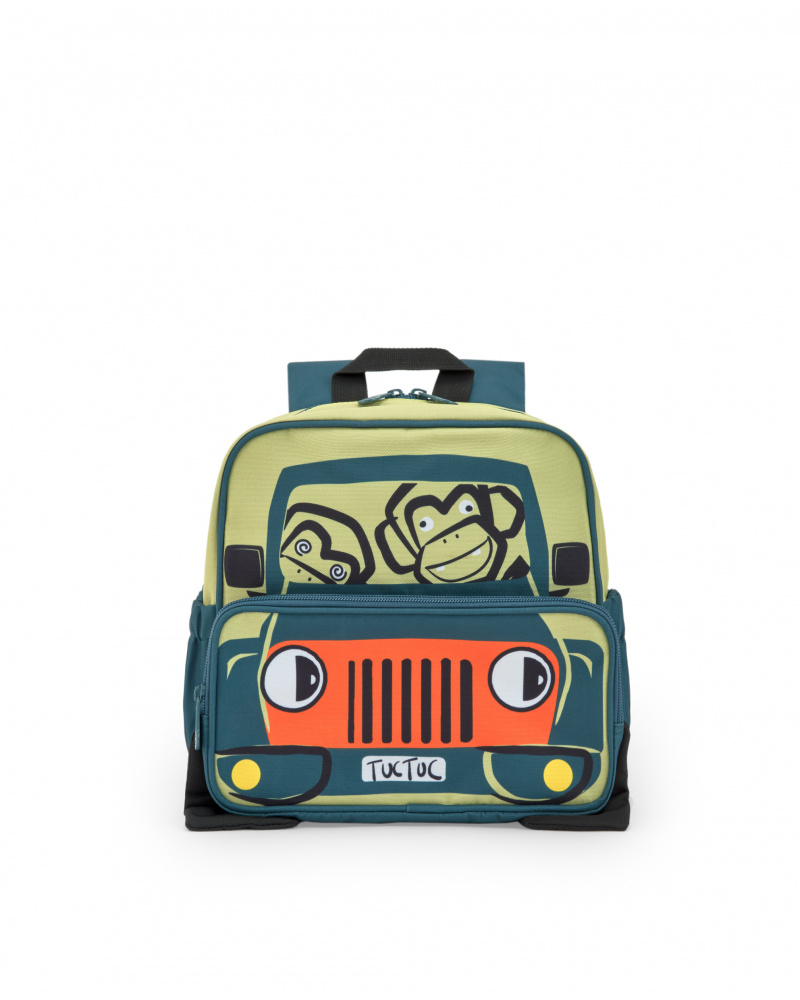 Sac à dos pour garçon avec design de voiture et singes en vert, orange et noir