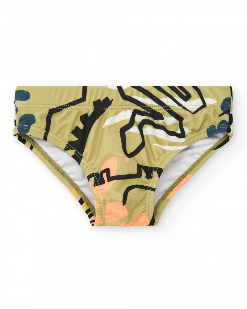 Slip de bain kaki pour garçon avec imprimé de dinosaures