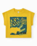 T-shirt jaune pour garçon avec imprimé de dinosaures et fermeture à l’épaule