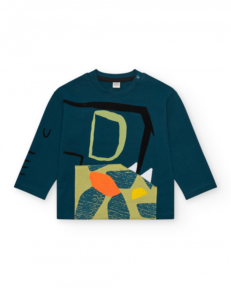 T-shirt vert à manches longues pour garçon avec imprimé animal et détails géométriques