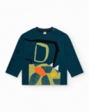 T-shirt vert à manches longues pour garçon avec imprimé animal et détails géométriques