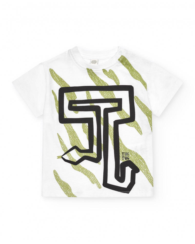 T-shirt blanc pour garçon avec imprimé et lettres en vert et noir