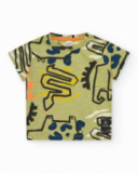T-shirt vert pour garçon avec imprimé d’animaux et détails bleus et oranges