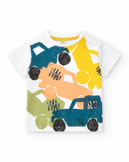 T-shirt blanc pour garçon avec véhicules multicolores et fermeture à l’épaule