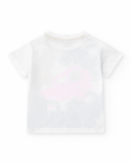 T-shirt blanc pour garçon avec véhicules multicolores et fermeture à l’épaule