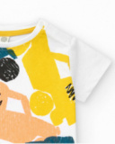 T-shirt blanc pour garçon avec véhicules multicolores et fermeture à l’épaule