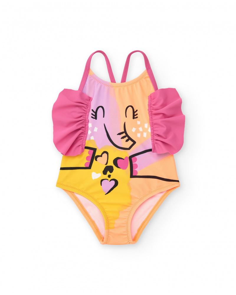 Maillot de bain rose pour fille avec éléphant et cœurs