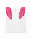 T-shirt blanc pour fille avec volants fuchsia aux épaules