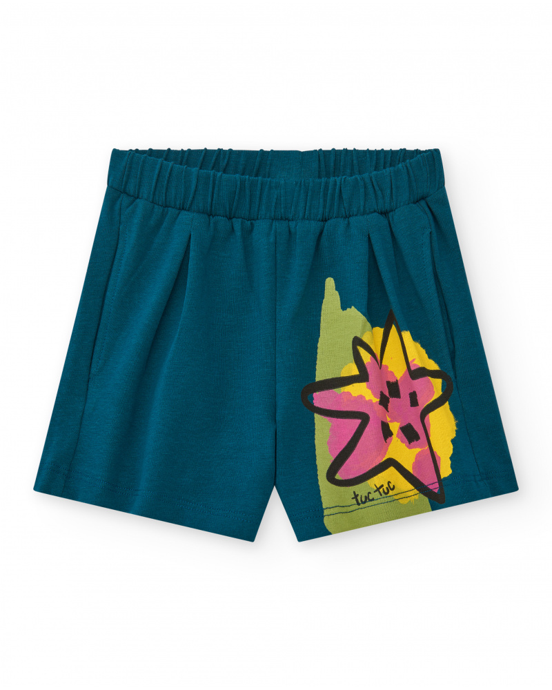 Short bleu pour fille avec étoiles et taille élastique