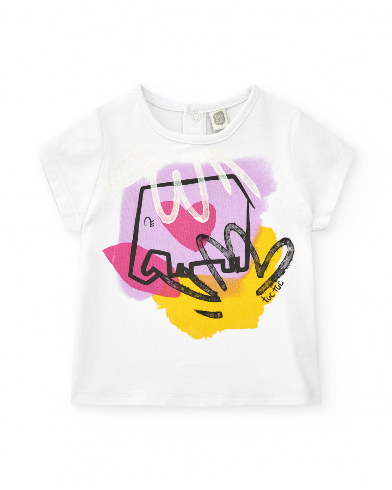 T-shirt blanc pour fille avec éléphant en rose, jaune et noir