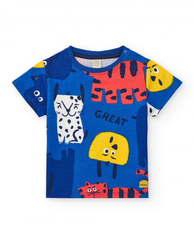 T-shirt bleu pour garçon avec imprimé nature et fermeture à l’épaule