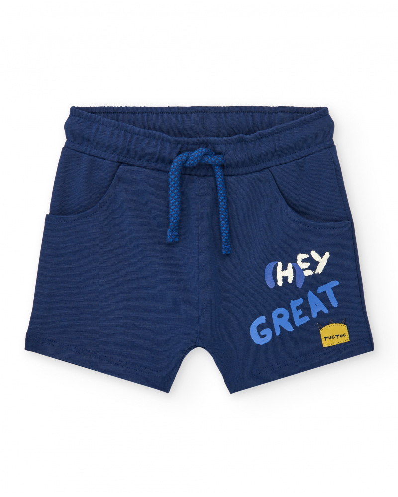 Short bleu pour garçon avec phrase "HEY GREAT"