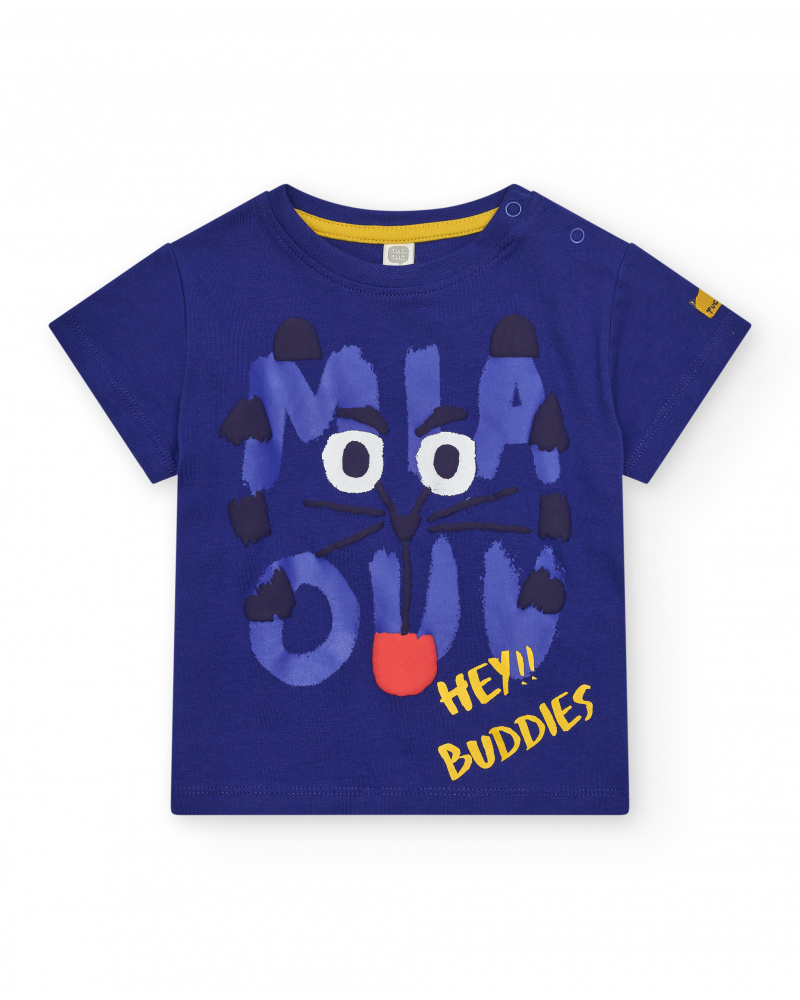 T-shirt bleu pour garçon avec chat et phrase "HEY!! BUDDIES"
