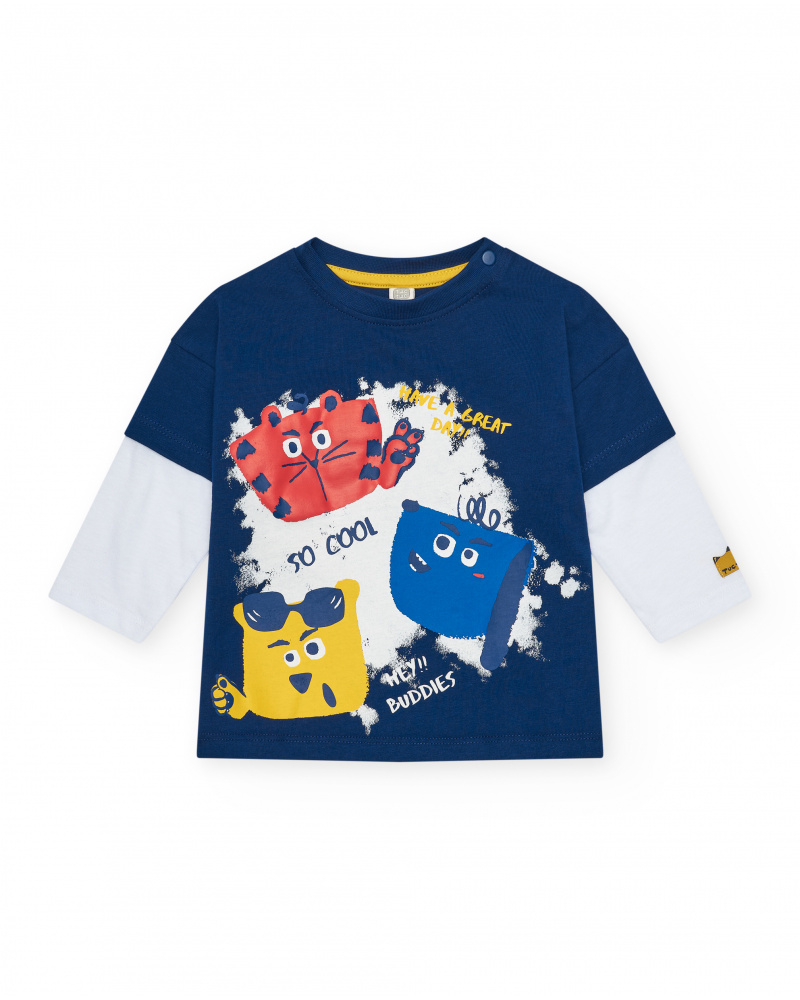 T-shirt bleu marine pour garçon avec manches blanches et écusson