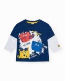 T-shirt bleu marine pour garçon avec manches blanches et écusson