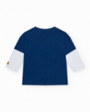 T-shirt bleu marine pour garçon avec manches blanches et écusson