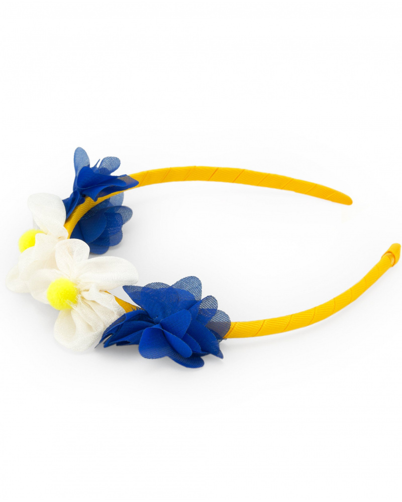 Diadème rigide jaune pour fille avec fleurs bleues et blanches