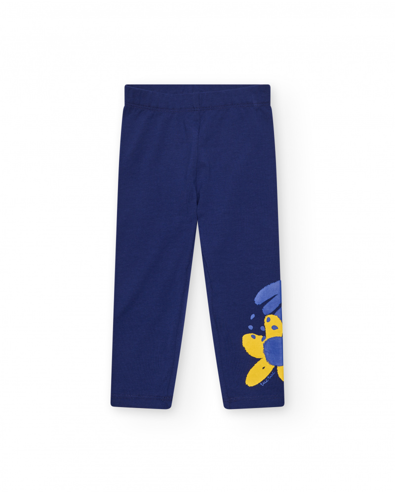 Leggings bleus pour fille avec détail floral et taille élastique