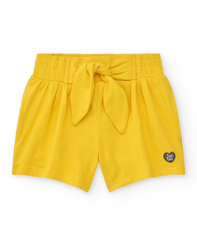Short jaune pour fille avec nœud décoratif et taille élastique