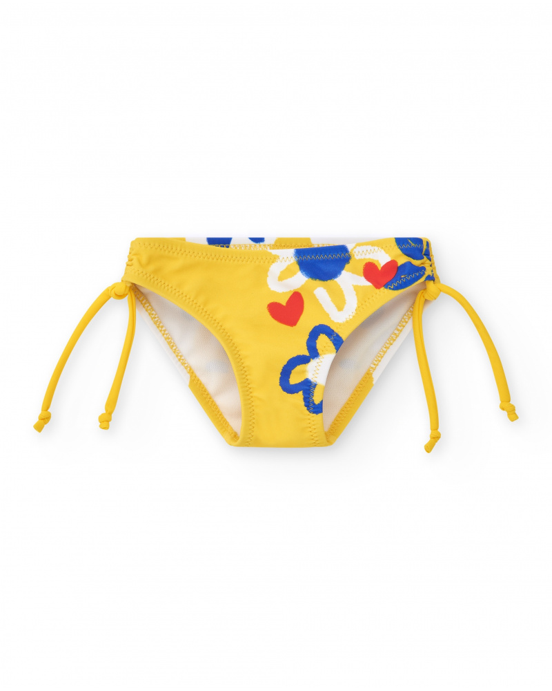 Culotte de bain jaune pour fille avec fleurs et nœuds ajustables