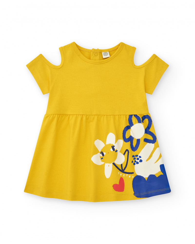 Robe jaune pour fille avec fleurs et épaules découvertes