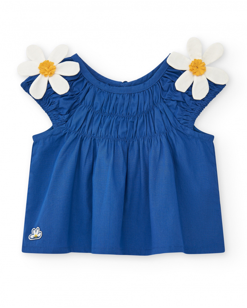 Chemise bleue pour fille avec fleurs et fronces