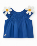 Chemise bleue pour fille avec fleurs et fronces