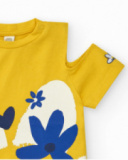 T-shirt jaune pour fille avec fleurs et manches ouvertes