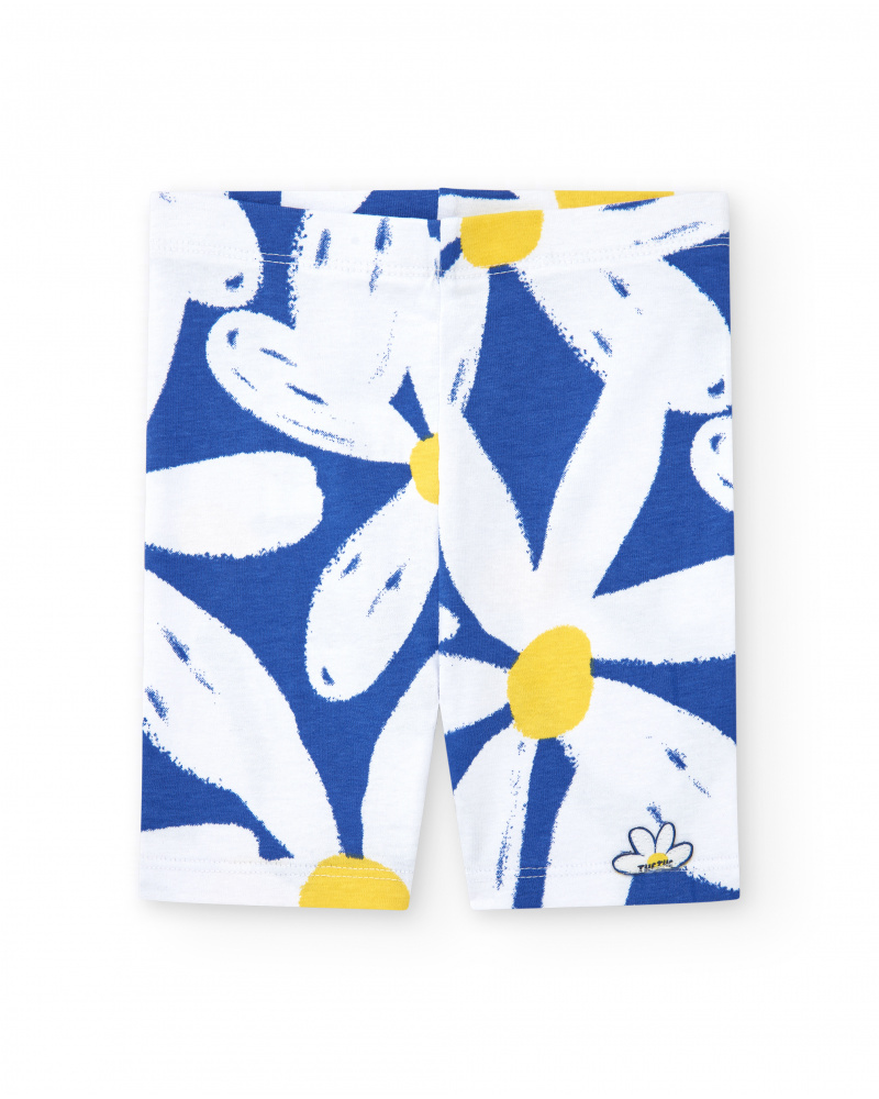 Legging cycliste blanc pour fille avec fleurs bleues et jaunes
