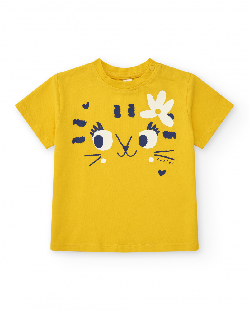 T-shirt jaune pour fille avec chat et fleur bleue