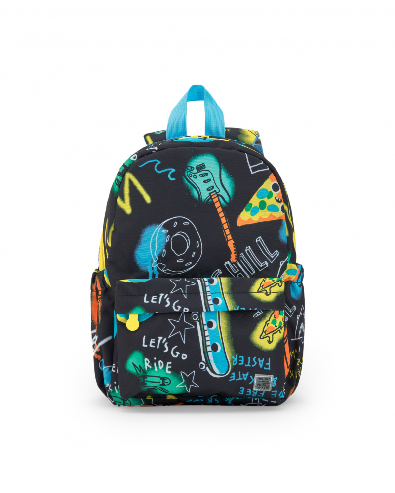 Sac à dos noir pour garçon avec imprimé de guitares, pizzas et étoiles
