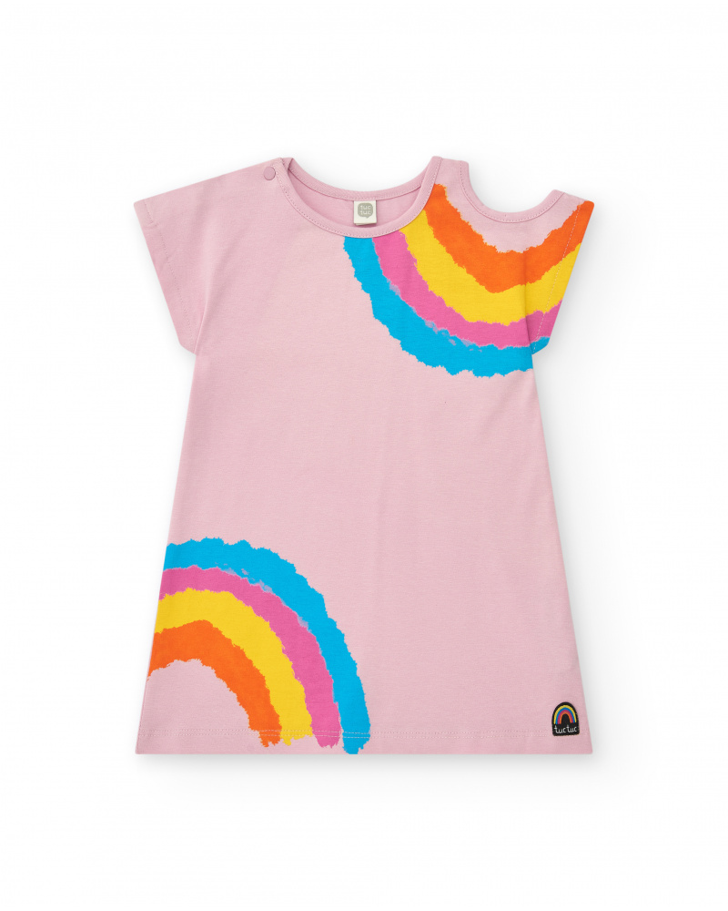 Robe rose pour fille avec arc-en-ciel et boutons au col