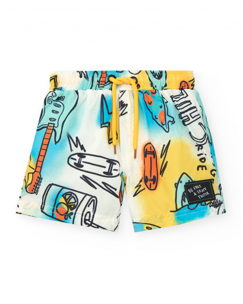 Bermuda de bain bleue pour garçon avec trottinettes et phrase "Be Free Skate"