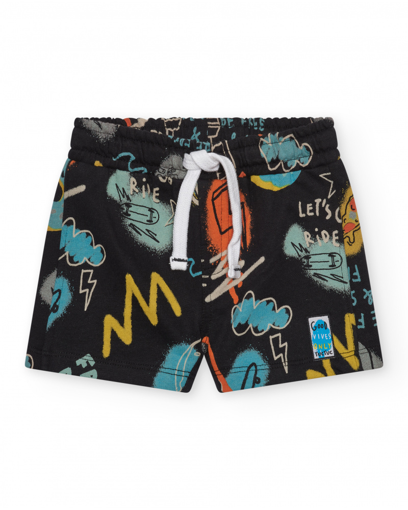 Bermuda noire pour garçon avec nuages et éclairs