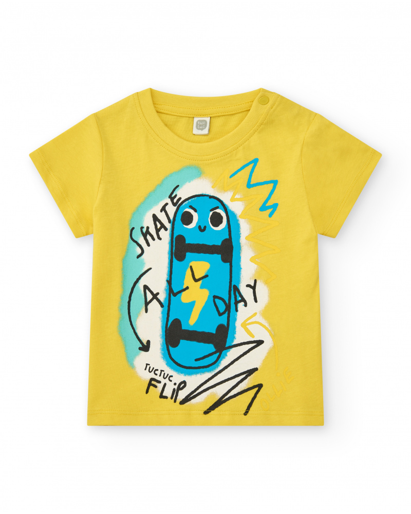 T-shirt jaune pour garçon avec trottinette et phrase "SKATE ALL DAY"