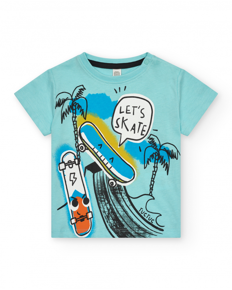 T-shirt bleu pour garçon avec skate et palmiers