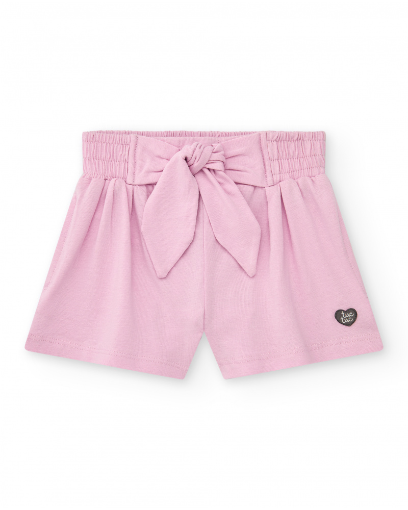 Short rose pour fille avec nœud et taille élastique