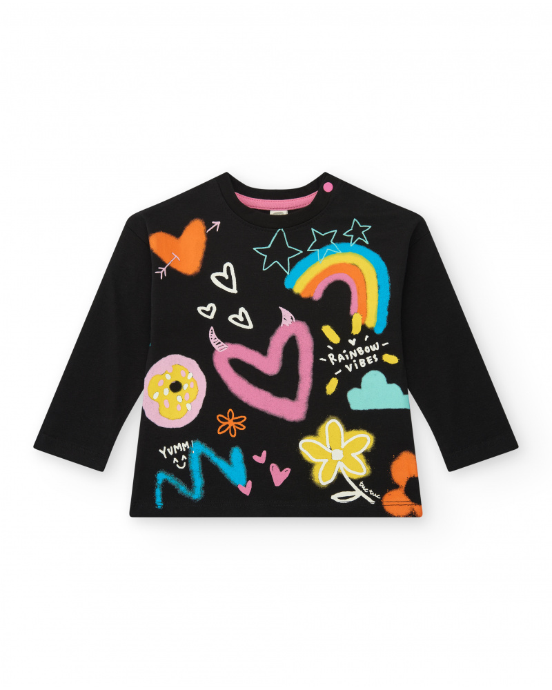 T-shirt noir pour fille avec cœurs et arc-en-ciel