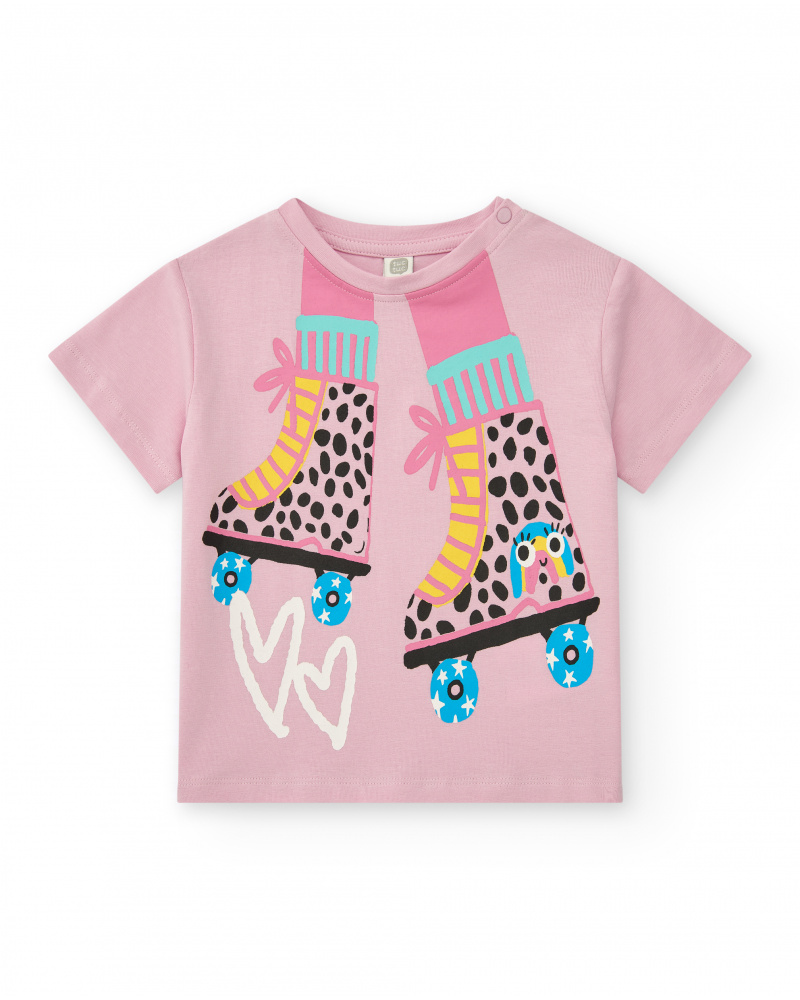 T-shirt rose pour fille avec patins et cœurs