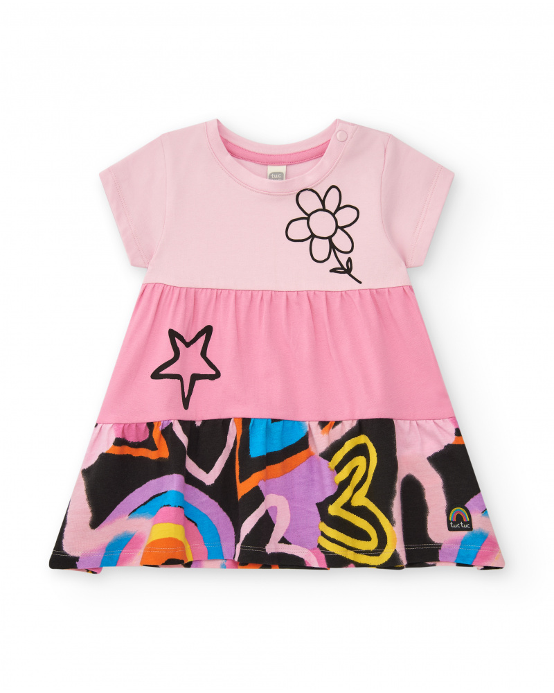 Robe rose pour fille avec étoiles et fleurs multicolores