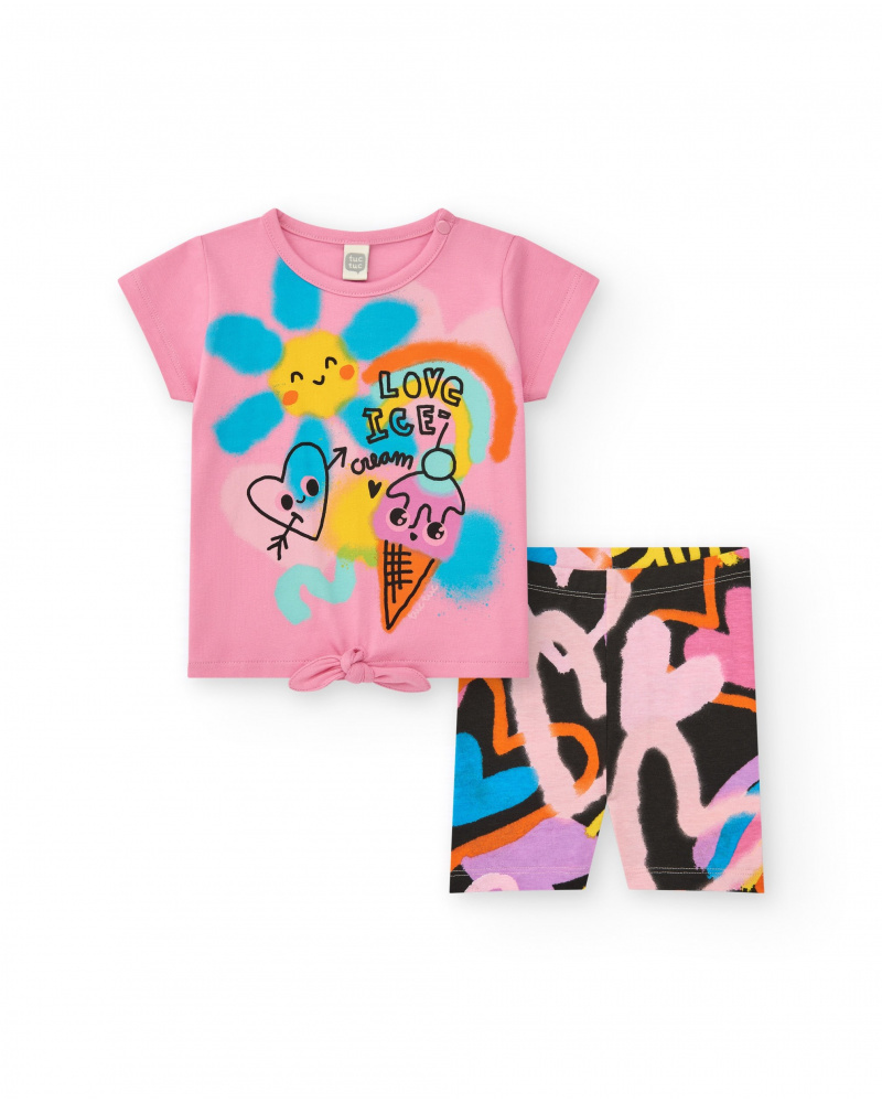 Ensemble pour fille avec t-shirt rose de glace et leggings courts multicolores