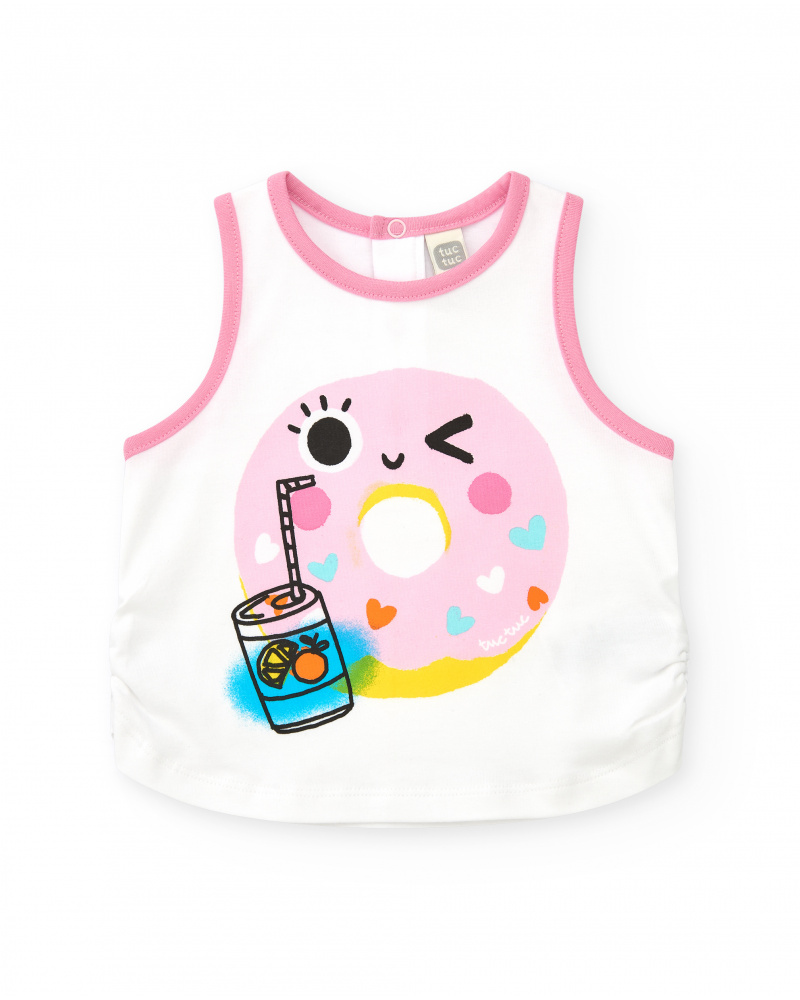 T-shirt sans manches blanc pour fille avec bordures roses et boutons arrière