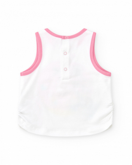 T-shirt sans manches blanc pour fille avec bordures roses et boutons arrière