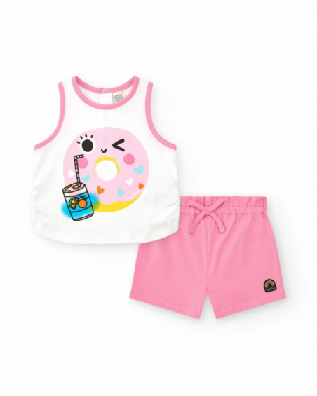 Ensemble pour fille avec t-shirt blanc et short rose avec nœud