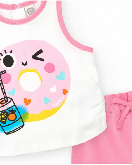 Ensemble pour fille avec t-shirt blanc et short rose avec nœud