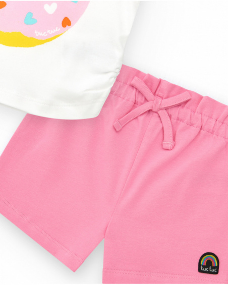 Ensemble pour fille avec t-shirt blanc et short rose avec nœud